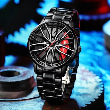 Car Wheel Watch 3D Hollow Dial Stainless Steel Band
