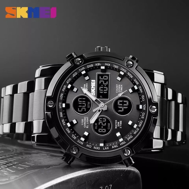 SKEMI Digital Watch Men Quartz Sport Watch Luxury Business Stainless Steel Strap-All Black
