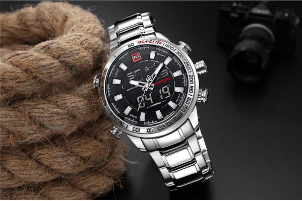 NAVIFORCE Silver fashion  Mens quartz watch best dual display Waterproof  sports wristwatch