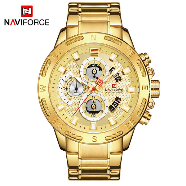 NAVIFORCE Luxury Brand Mens Sport  Gold Full Steel Quartz Watch