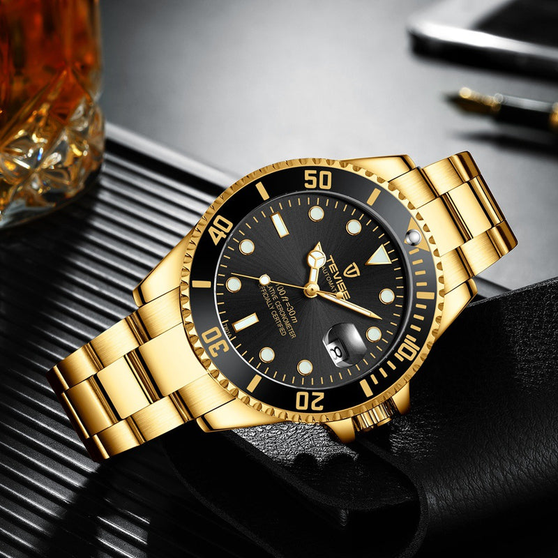 Tevise  Hot Style Luxury Water Ghost Stainless Steel Waterproof Luminous Automatic Mechanical Watch Men:gold