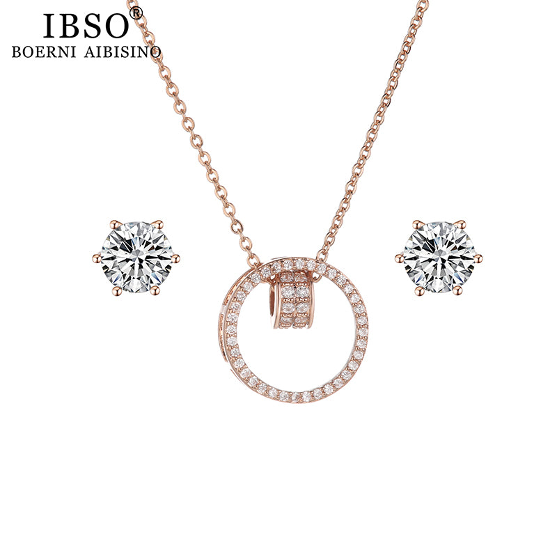 Top Brand Women Luxury Rose Gold Watch Earrings Necklace Set
