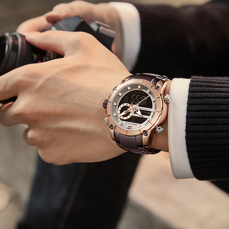 NAVIFORCE Dual Display Luxury Men Quartz Waterproof Multi function  Wrist Watch-Rose Gold/Brown