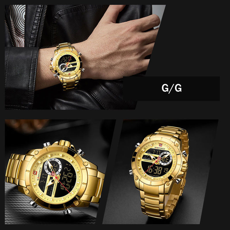 NAVIFORCE Dual Display Luxury Men Quartz Wristwatch Waterproof Multi function Sports Wrist Watch-Gold