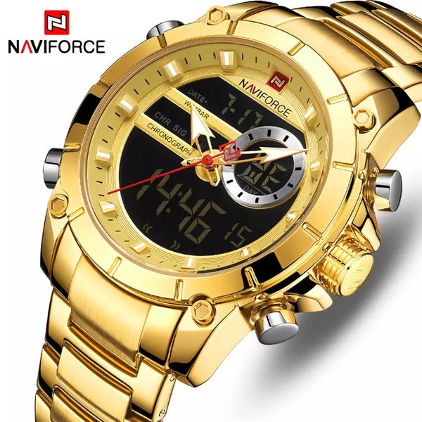 NAVIFORCE Dual Display Luxury Men Quartz Wristwatch Waterproof Multi function Sports Wrist Watch-Gold