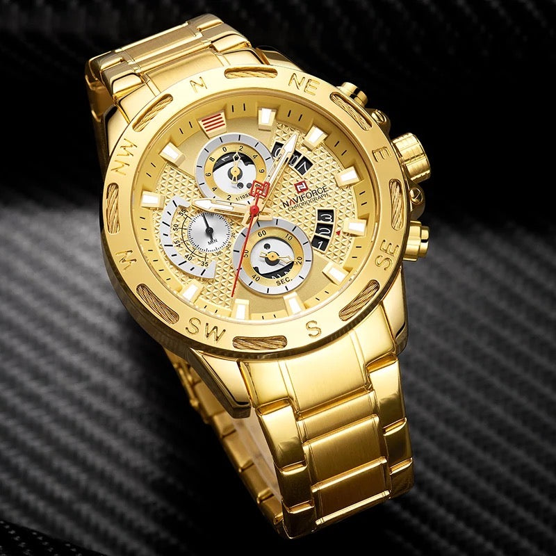 NAVIFORCE Luxury Brand Mens Sport  Gold Full Steel Quartz Watch