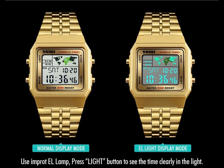World Time Men Business Digital wristwatch Stainless Steel-Gold