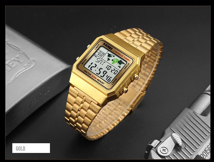 World Time Men Business Digital wristwatch Stainless Steel-Gold