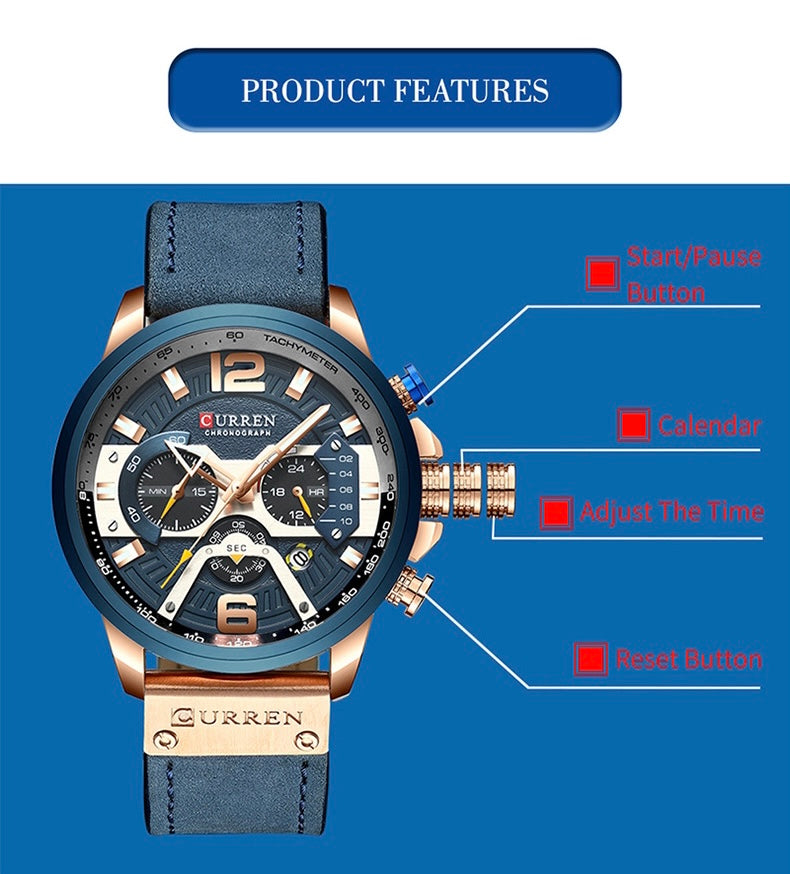 Top Brand Luxury Chronograph Men Watches Leather Luxury Waterproof Sport Watch clock men curren Wristwatch