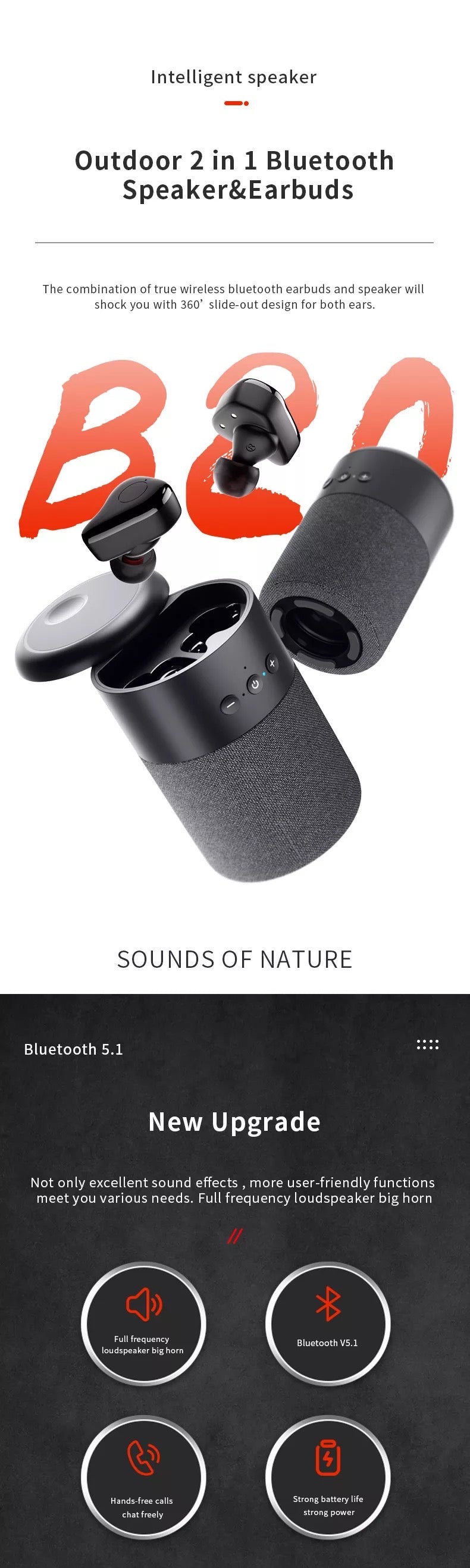 Outdoor Speakers 2 in 1 BT5.0 wireless earphone earbuds speaker Wireless Portable Speaker