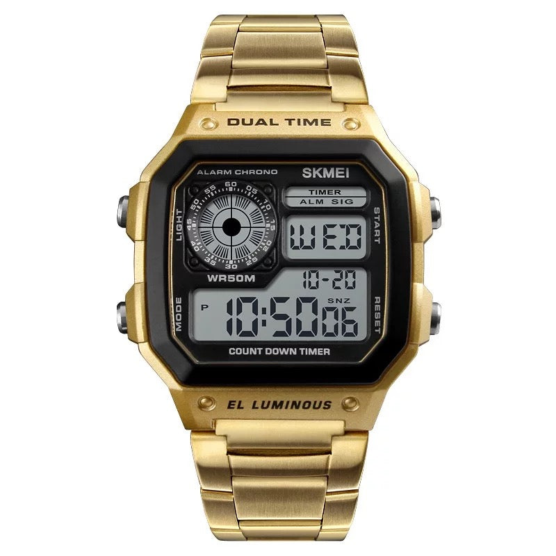 Digital Business Gold  Men Waterproof Casual Stainless Steel Wristwatch Clock-Gold