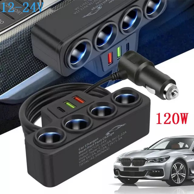 4-Socket Car Cigarette Lighter Adapter 12V/24V 120W 4 Way Cigarette Lighter Car Charger Adapter USB Port Socket Splitte Charger