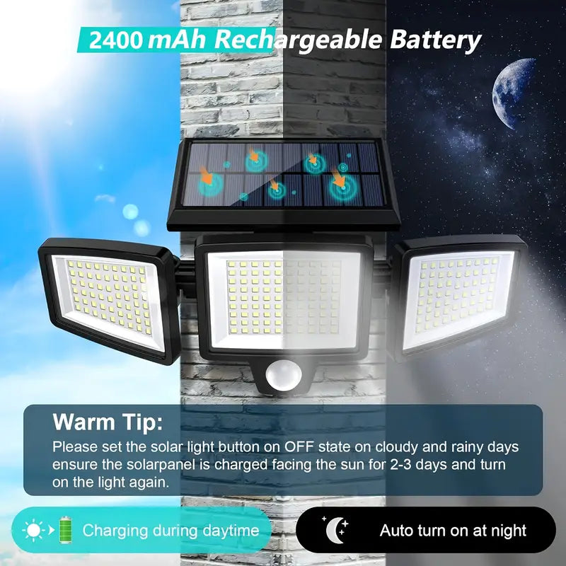 3 Head PIR Motion Sensor Solar Security Light