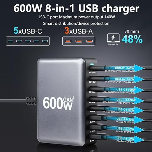 600W  8-Port Fast Charging Station Hub