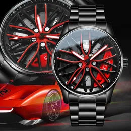 Car Wheel Watch 3D rotating  Hollow Dial Stainless Steel Band