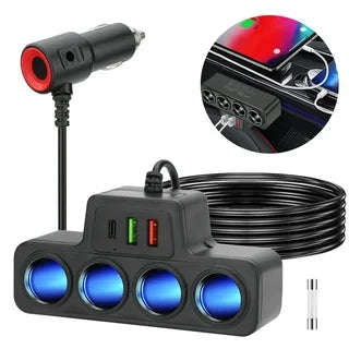 4-Socket Car Cigarette Lighter Adapter 12V/24V 120W 4 Way Cigarette Lighter Car Charger Adapter USB Port Socket Splitte Charger