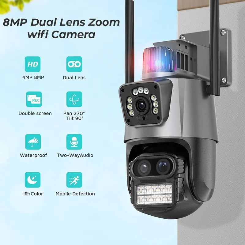 FULL Color 4K 8mp Three lens Dual Screen WIFI PTZ Auto Tracking outdoor Security IP 8X Zoom camera Surveillance CCTV iCSee