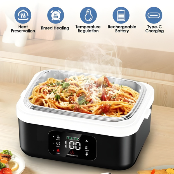 Cordless Electric Lunch Box for Adults, 8000mAh Rechargeable Auto Heated Lunch Box, 1L Portable Self-Heating Food Warmer for Office, Picnic, Car & Outdoor Use