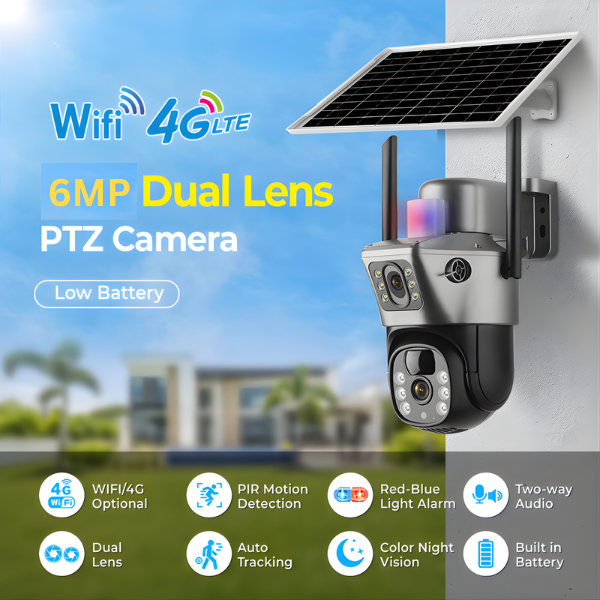 V380 Pro Dual Lens Alarm Linkage 6MP Solar Battery Powered Wifi Ptz Camera Outdoor Wireless CCTV 4g Sim Card Solar Camera