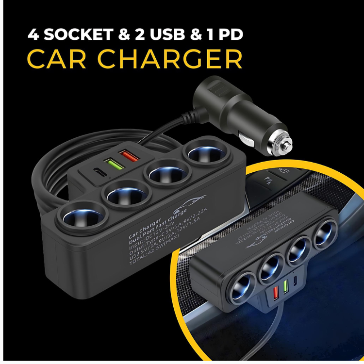 4-Socket Car Cigarette Lighter Adapter 12V/24V 120W 4 Way Cigarette Lighter Car Charger Adapter USB Port Socket Splitte Charger