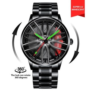 Car Wheel Watch 3D rotating  Hollow Dial Stainless Steel Band