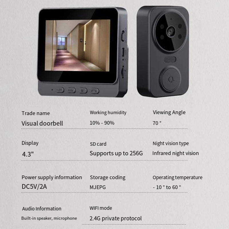 Wireless Video Doorbell Phone Security Camera With 4 3 Screen And HD Resolution