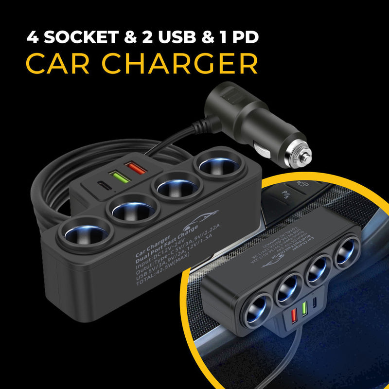 4-Socket Car Cigarette Lighter Adapter 12V/24V 120W 4 Way Cigarette Lighter Car Charger Adapter USB Port Socket Splitte Charger