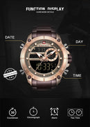 NAVIFORCE Dual Display Luxury Men Quartz Waterproof Multi function  Wrist Watch-Rose Gold/Brown